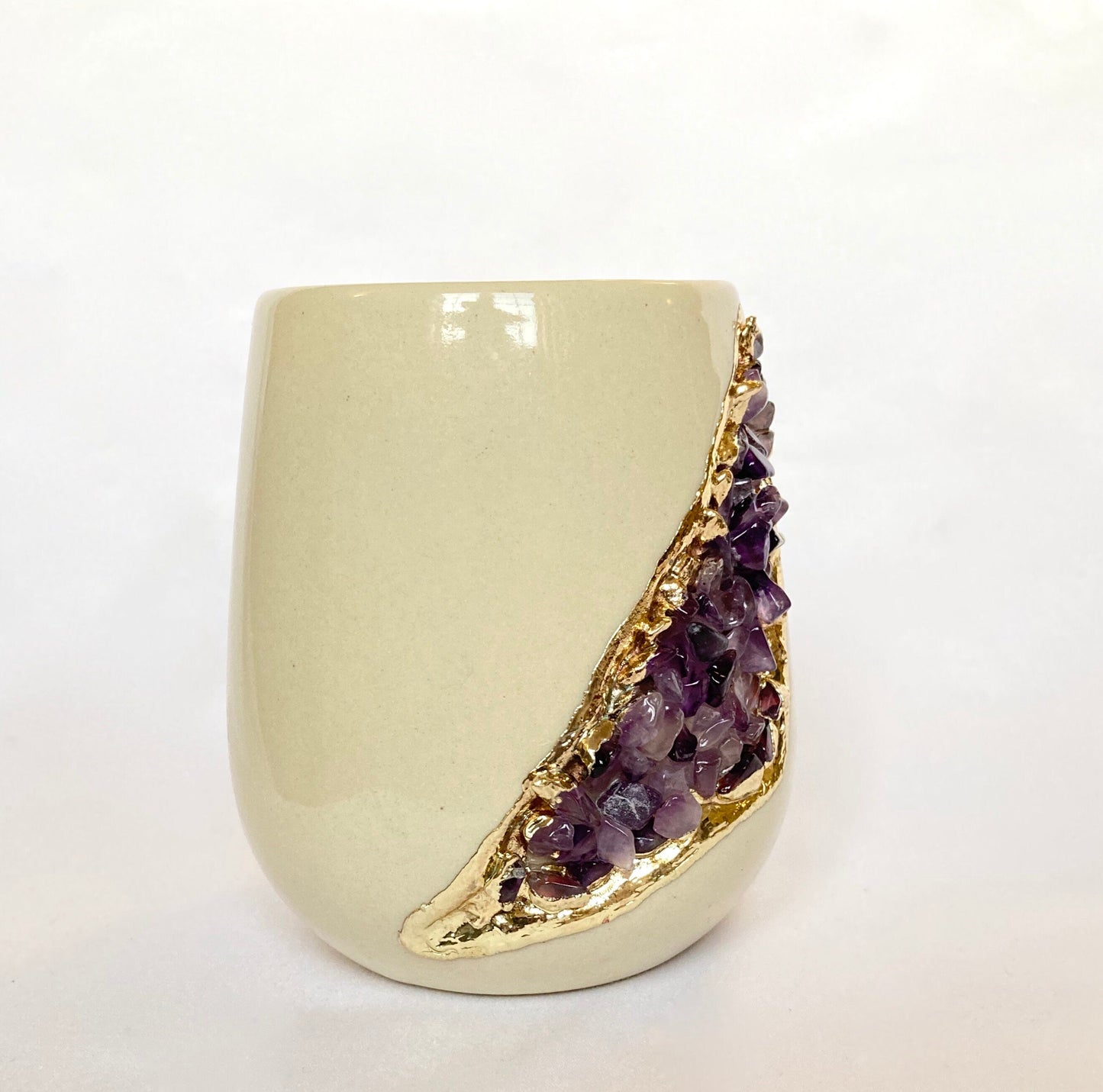 Cream and Gold Ceramic Vase/Planter/Pot/Wine Goblet/Mug with Purple Amethyst Semi-precious Agate Crystal Gemstones