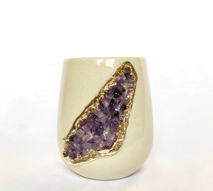 Cream and Gold Ceramic Vase/Planter/Pot/Wine Goblet/Mug with Purple Amethyst Semi-precious Agate Crystal Gemstones