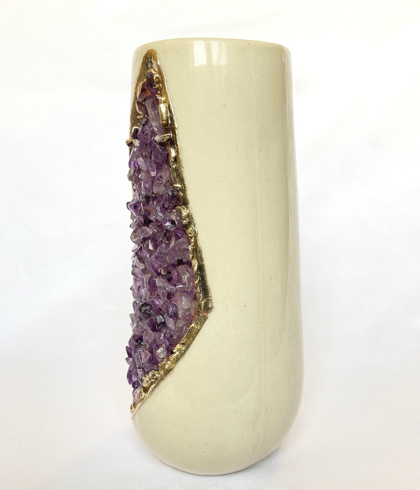 Cream and Gold Ceramic Vase/Planter/Pot/Wine Goblet/Mug with Purple Amethyst Semi-precious Agate Crystal Gemstones