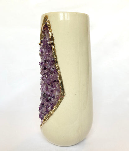 Cream and Gold Ceramic Vase/Planter/Pot/Wine Goblet/Mug with Purple Amethyst Semi-precious Agate Crystal Gemstones