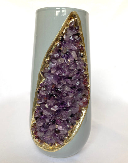 Grey & Gold Ceramic Vase Planter with Amethyst