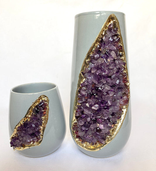 Grey and Gold Ceramic Vase/Planter/Pot/Wine Goblet/Mug with Purple Amethyst Semi-precious Agate Crystal Gemstones