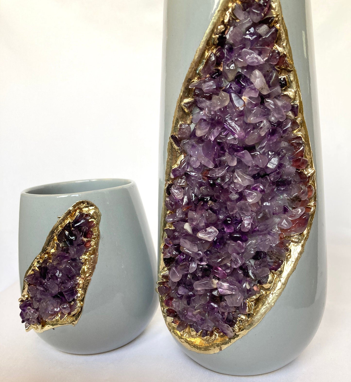 Grey & Gold Ceramic Vase Planter with Amethyst