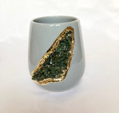 Grey and Gold Ceramic Vase/Planter/Pot/Wine Goblet/Mug with Green Semi-precious Agate Crystal Gemstones
