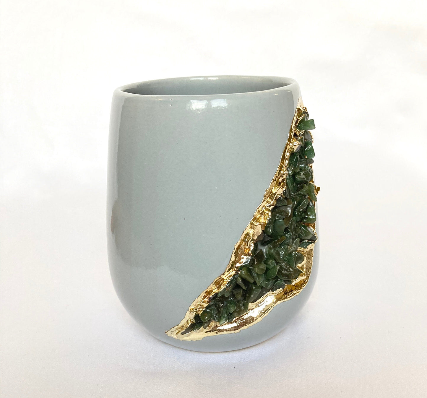 Grey and Gold Ceramic Vase/Planter/Pot/Wine Goblet/Mug with Green Semi-precious Agate Crystal Gemstones