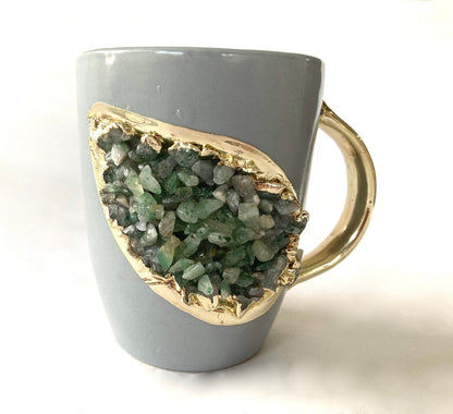 Set of 2 |Personalised Grey and Gold Ceramic Coffee/Tea Mug with Light Green Semi-precious Agate Crystal Gemstones| 8 Oz