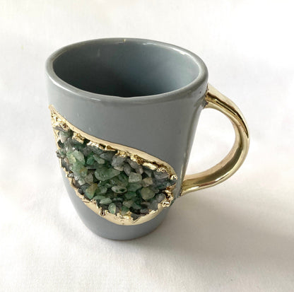 Set of 2 |Personalised Grey and Gold Ceramic Coffee/Tea Mug with Light Green Semi-precious Agate Crystal Gemstones| 8 Oz