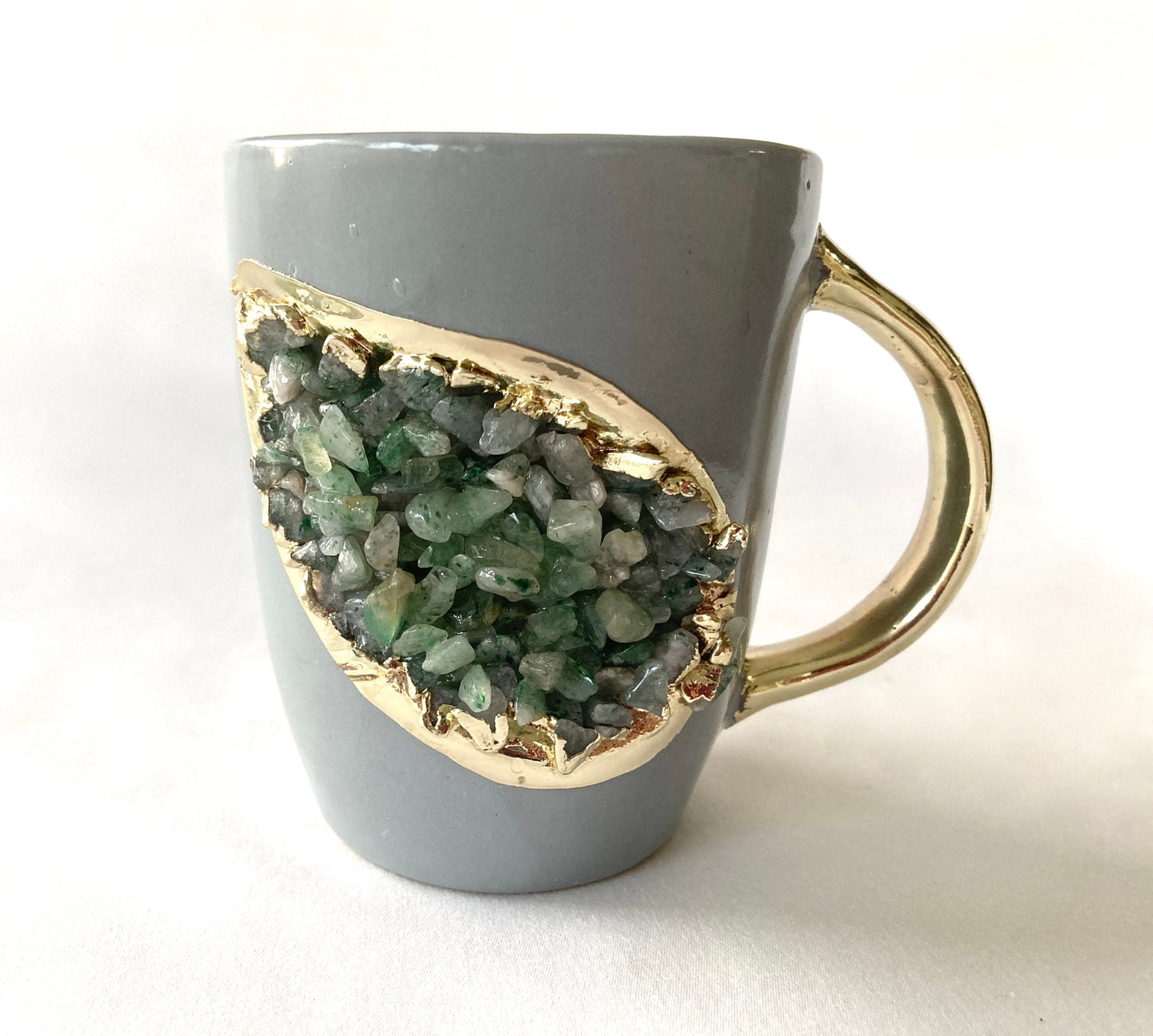 Set of 2 |Personalised Grey and Gold Ceramic Coffee/Tea Mug with Light Green Semi-precious Agate Crystal Gemstones| 8 Oz