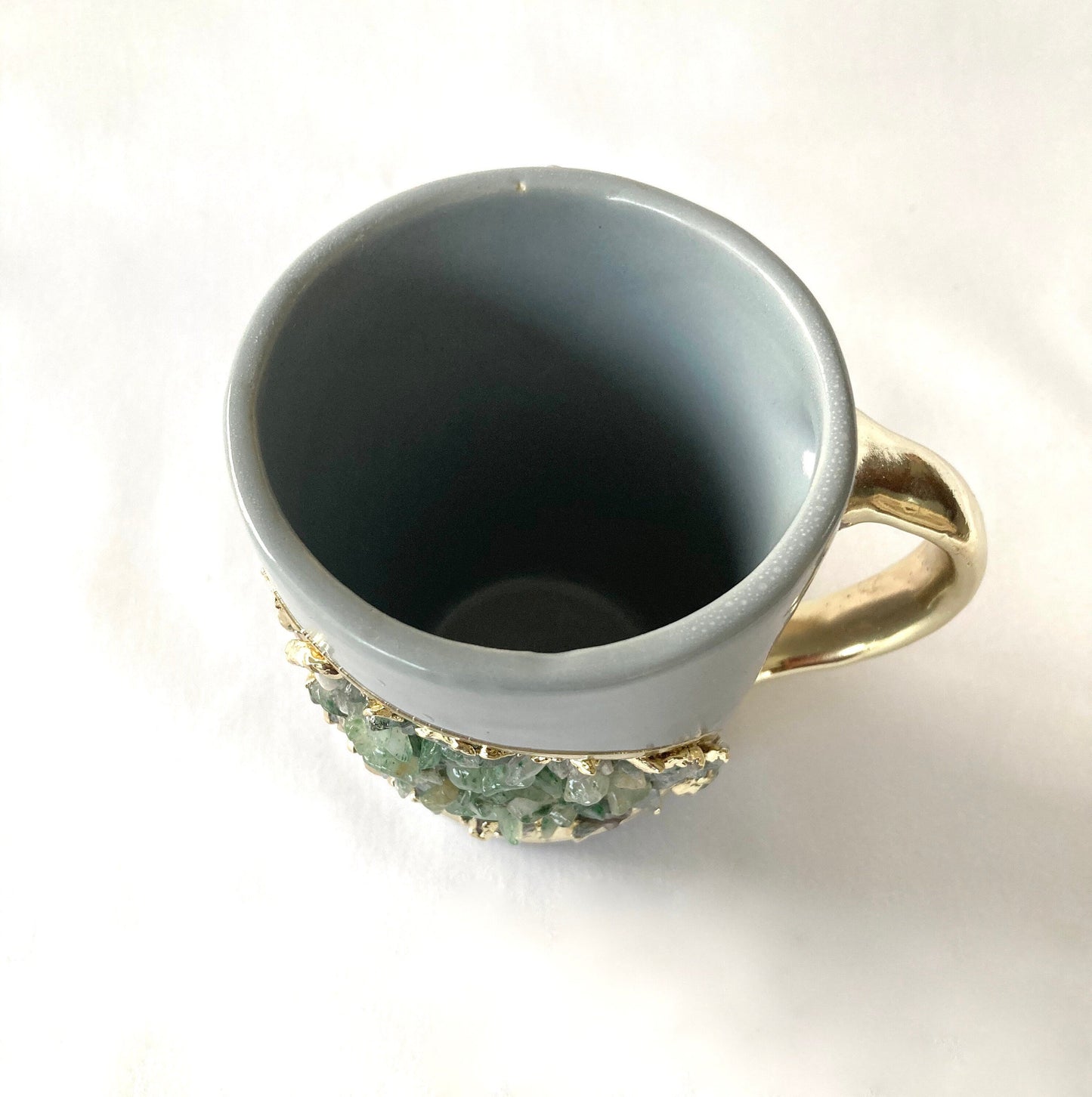 Set of 2 |Personalised Grey and Gold Ceramic Coffee/Tea Mug with Light Green Semi-precious Agate Crystal Gemstones| 8 Oz