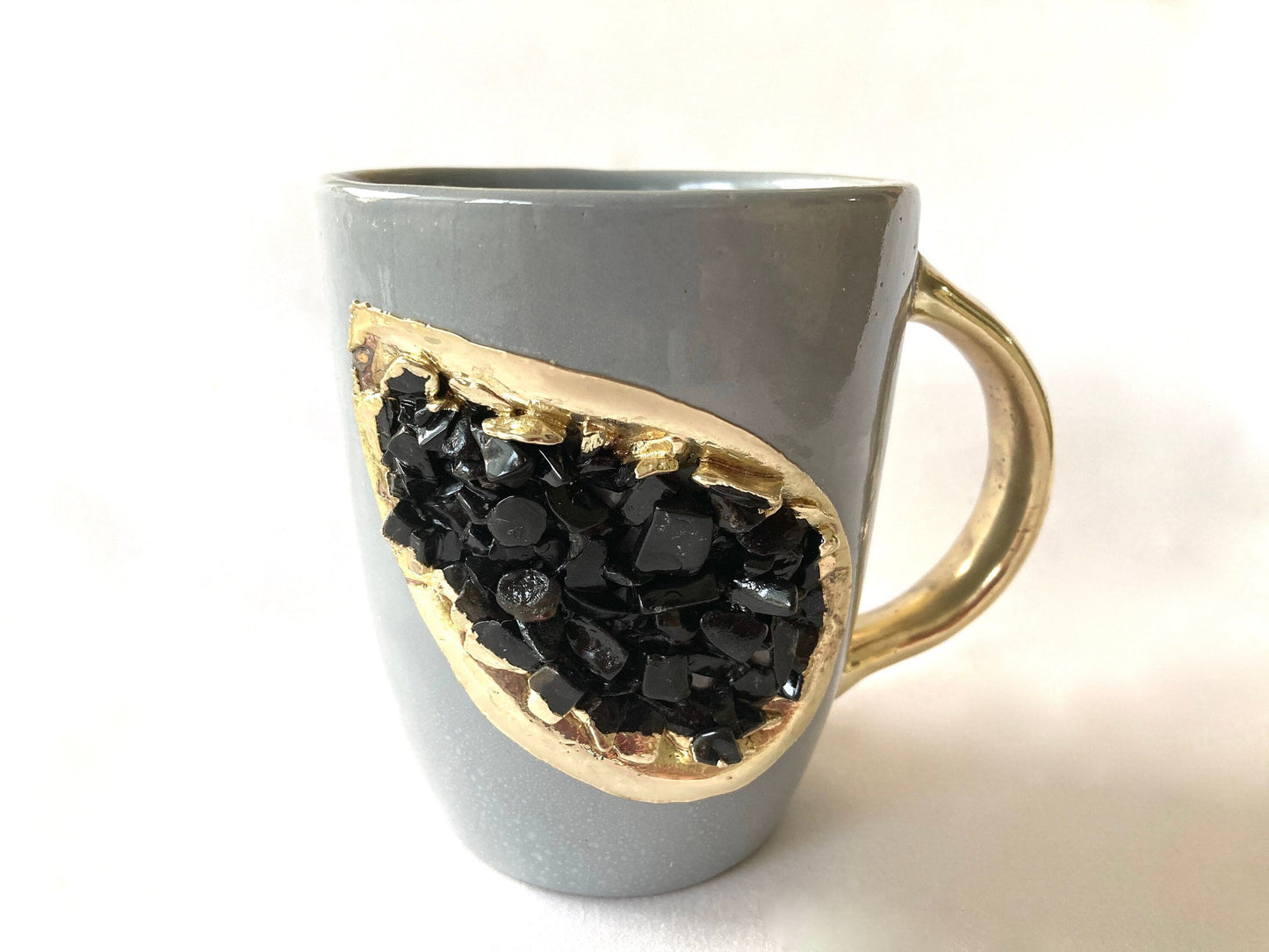 Set of 2 |Personalised Grey and Gold Ceramic Coffee/Tea Mug with Black Semi-precious Agate Crystal Gemstones| 8 Oz