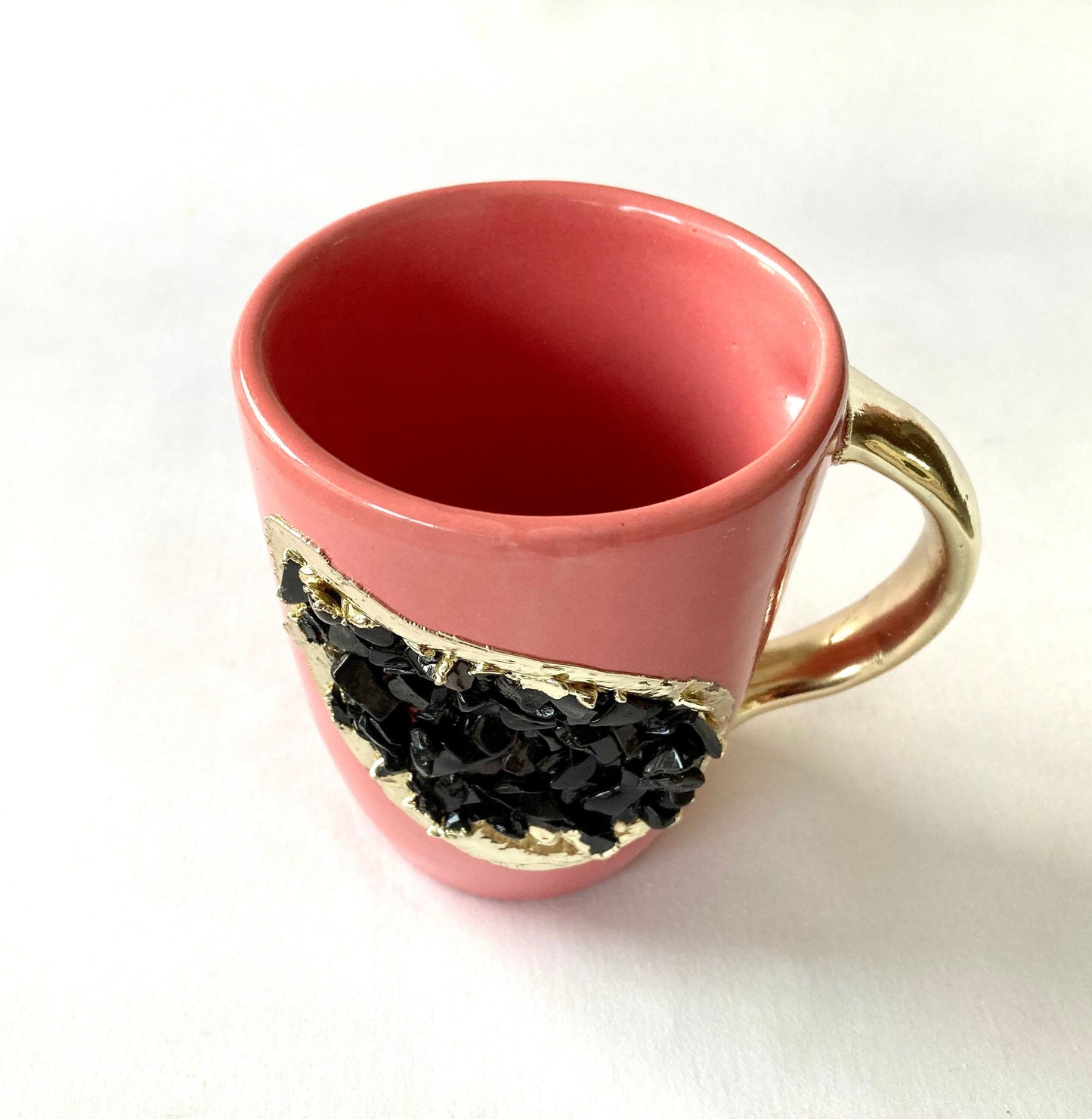 Set of 2 |Pink and Gold Ceramic Coffee/Tea Mug with Black Semi-precious Agate Crystal Gemstones| 8 Oz