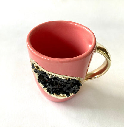 Set of 2 |Pink and Gold Ceramic Coffee/Tea Mug with Black Semi-precious Agate Crystal Gemstones| 8 Oz