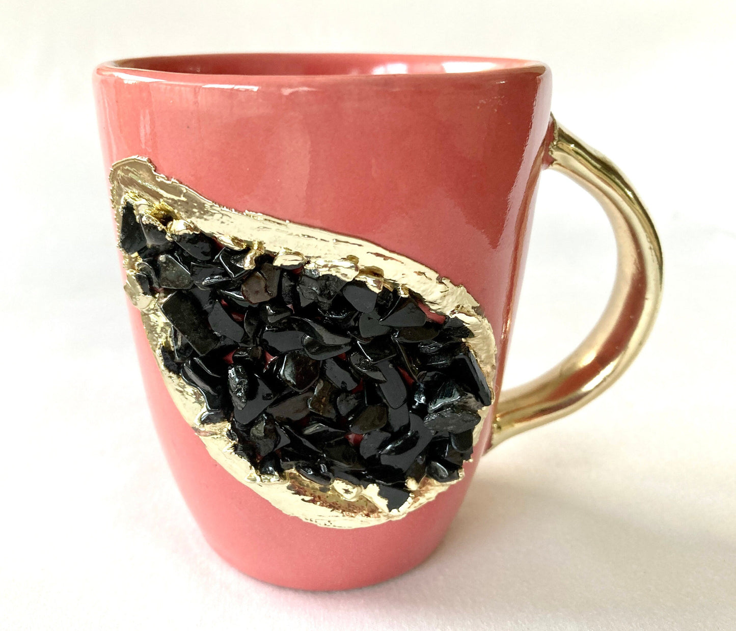 Set of 2 |Pink and Gold Ceramic Coffee/Tea Mug with Black Semi-precious Agate Crystal Gemstones| 8 Oz