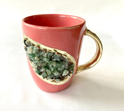 Set of 2 |Personalised Pink and Gold Ceramic Coffee/Tea Mug with Light Green Semi-precious Agate Crystal Gemstones| 8 Oz