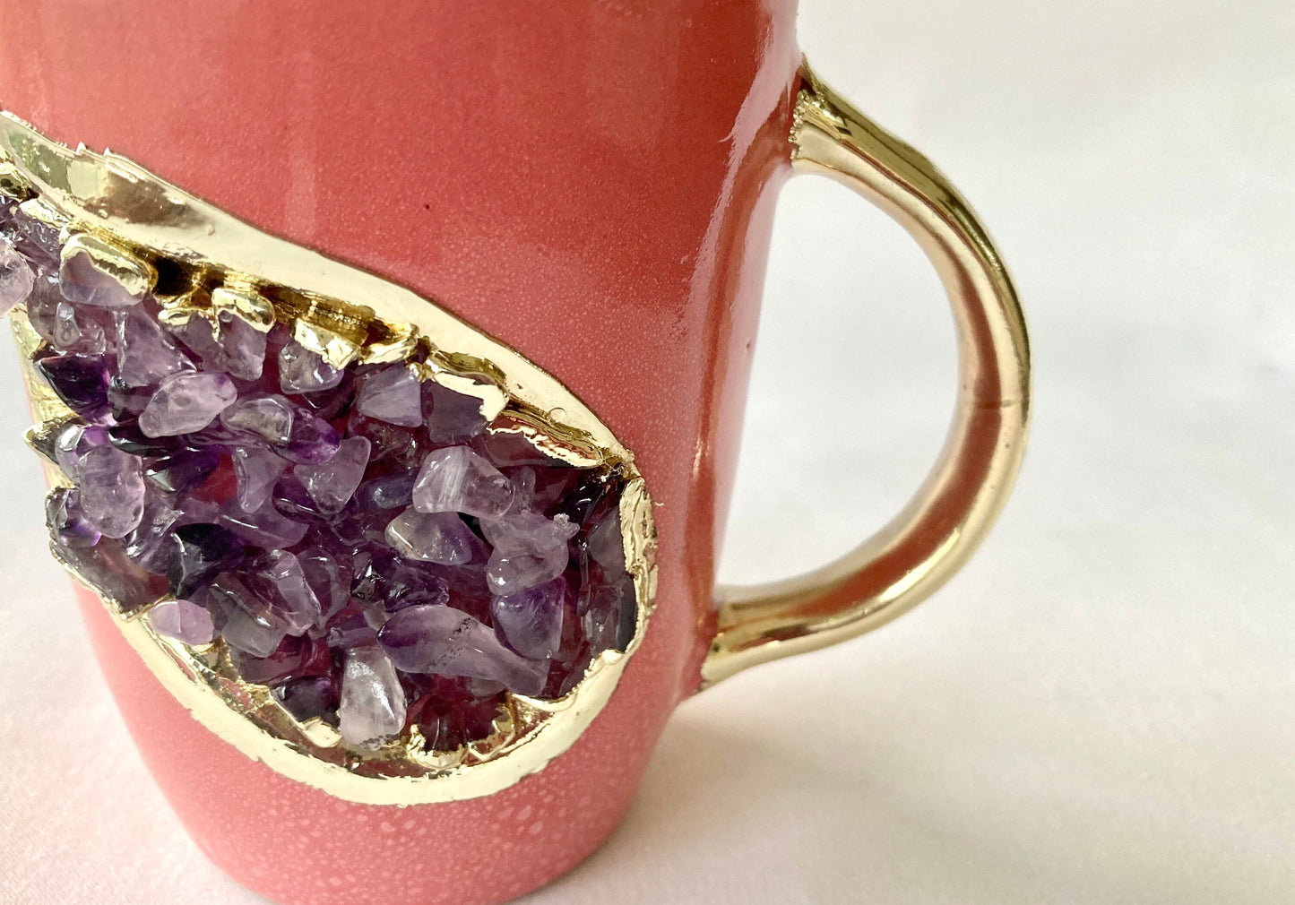 Set of 2 |Personalised Pink and Gold Ceramic Coffee/Tea Mug with Purple Semi-precious Agate Crystal Gemstones| 8 Oz