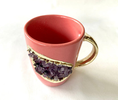 Set of 2 |Personalised Pink and Gold Ceramic Coffee/Tea Mug with Purple Semi-precious Agate Crystal Gemstones| 8 Oz