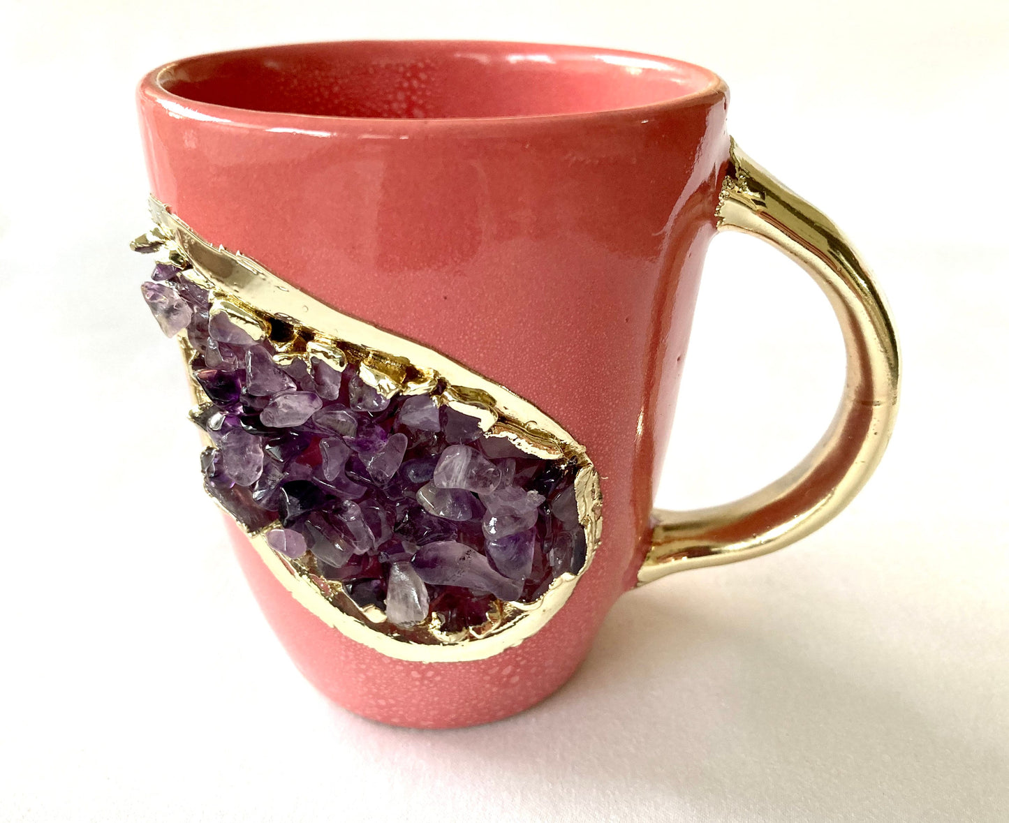 Set of 2 |Personalised Pink and Gold Ceramic Coffee/Tea Mug with Purple Semi-precious Agate Crystal Gemstones| 8 Oz
