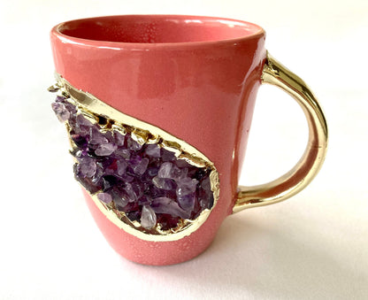 Set of 2 |Personalised Pink and Gold Ceramic Coffee/Tea Mug with Purple Semi-precious Agate Crystal Gemstones| 8 Oz