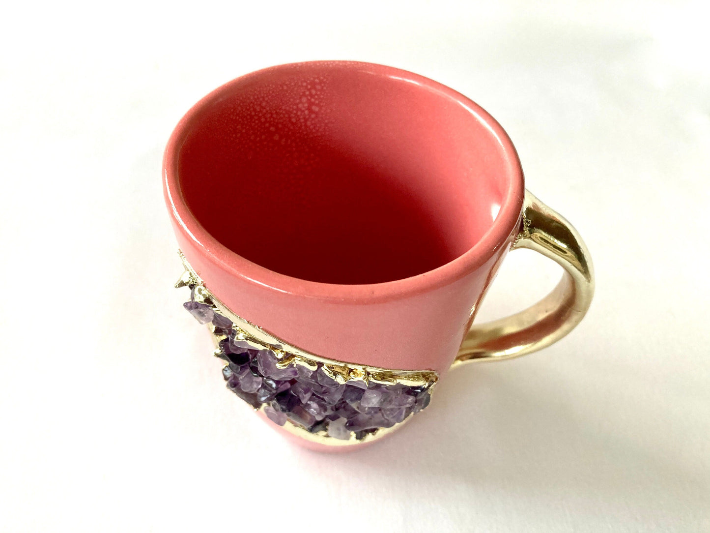 Set of 2 |Personalised Pink and Gold Ceramic Coffee/Tea Mug with Purple Semi-precious Agate Crystal Gemstones| 8 Oz