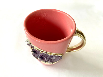 Set of 2 |Personalised Pink and Gold Ceramic Coffee/Tea Mug with Purple Semi-precious Agate Crystal Gemstones| 8 Oz