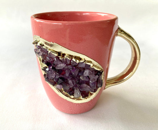 Set of 2 |Personalised Pink and Gold Ceramic Coffee/Tea Mug with Purple Semi-precious Agate Crystal Gemstones| 8 Oz