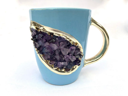 Set of 2 |Personalised Blue and Gold Ceramic Coffee/Tea Mug with Purple Semi-precious Agate Crystal Gemstones| 8 Oz