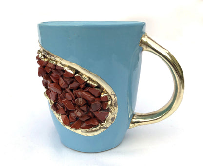 Set of 2 |Personalised Blue and Gold Ceramic Coffee/Tea Mug with Dark Red Semi-precious Agate Crystal Gemstones| 8 Oz