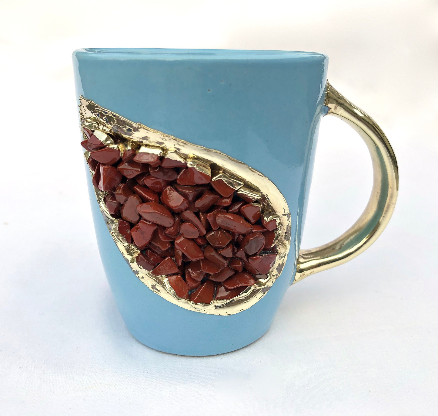 Set of 2 |Personalised Blue and Gold Ceramic Coffee/Tea Mug with Dark Red Semi-precious Agate Crystal Gemstones| 8 Oz