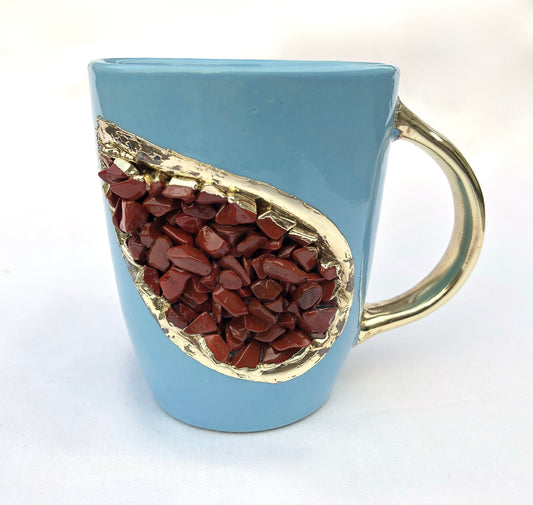 Set of 2 |Personalised Blue and Gold Ceramic Coffee/Tea Mug with Dark Red Semi-precious Agate Crystal Gemstones| 8 Oz