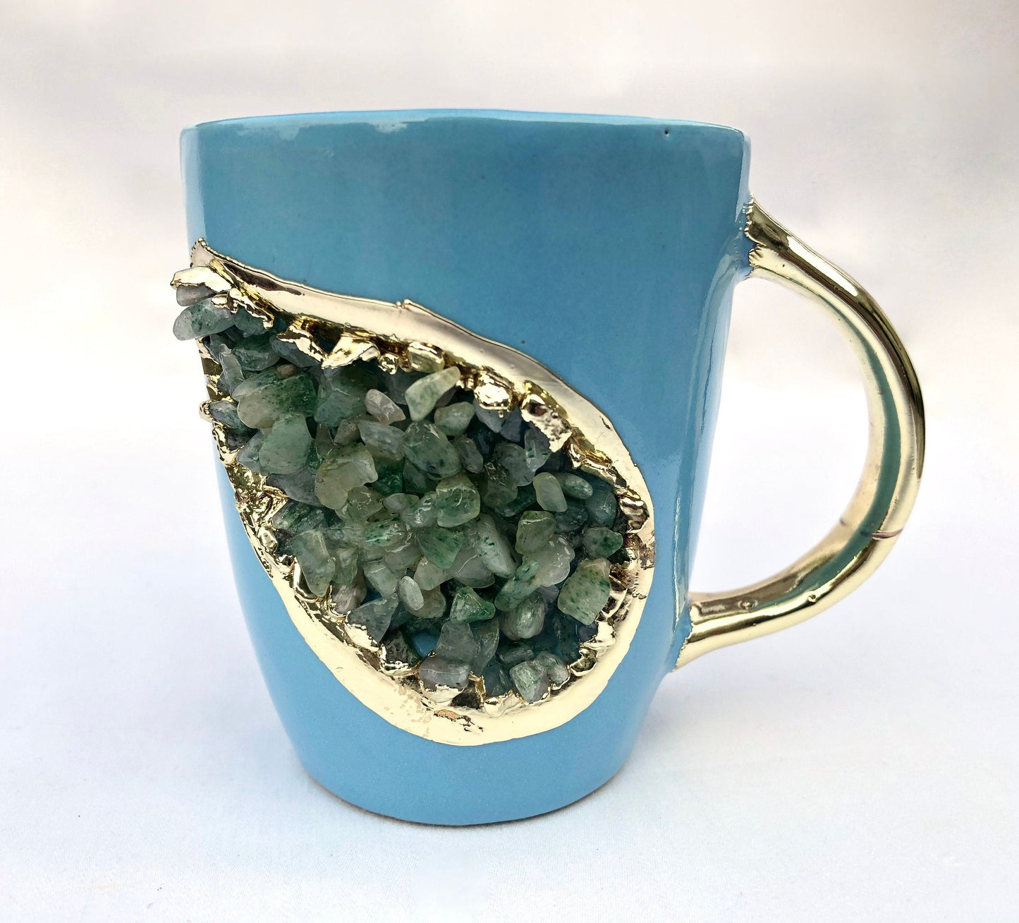 Set of 2 |Personalised Blue and Gold Ceramic Coffee/Tea Mug with Light Green Semi-precious Agate Crystal Gemstones| 8 Oz