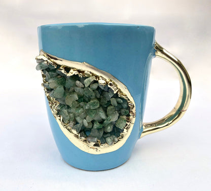 Set of 2 |Personalised Blue and Gold Ceramic Coffee/Tea Mug with Light Green Semi-precious Agate Crystal Gemstones| 8 Oz