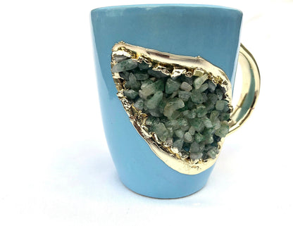 Set of 2 |Personalised Blue and Gold Ceramic Coffee/Tea Mug with Light Green Semi-precious Agate Crystal Gemstones| 8 Oz