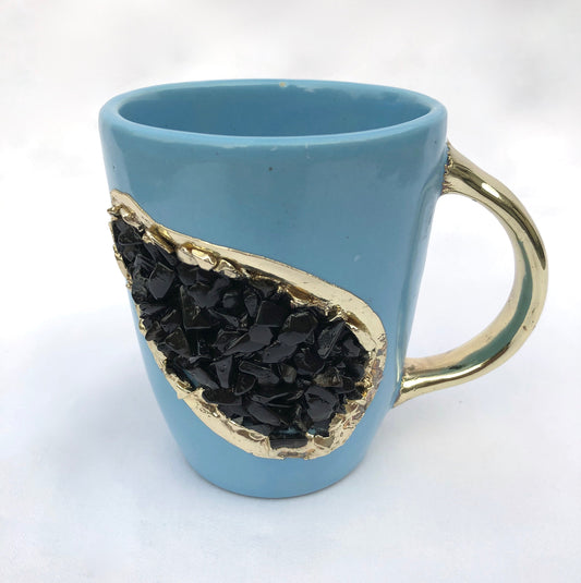 Set of 2 |Personalised Blue and Gold Ceramic Coffee/Tea Mug with Black Semi-precious Agate Crystal Gemstones| 8 Oz