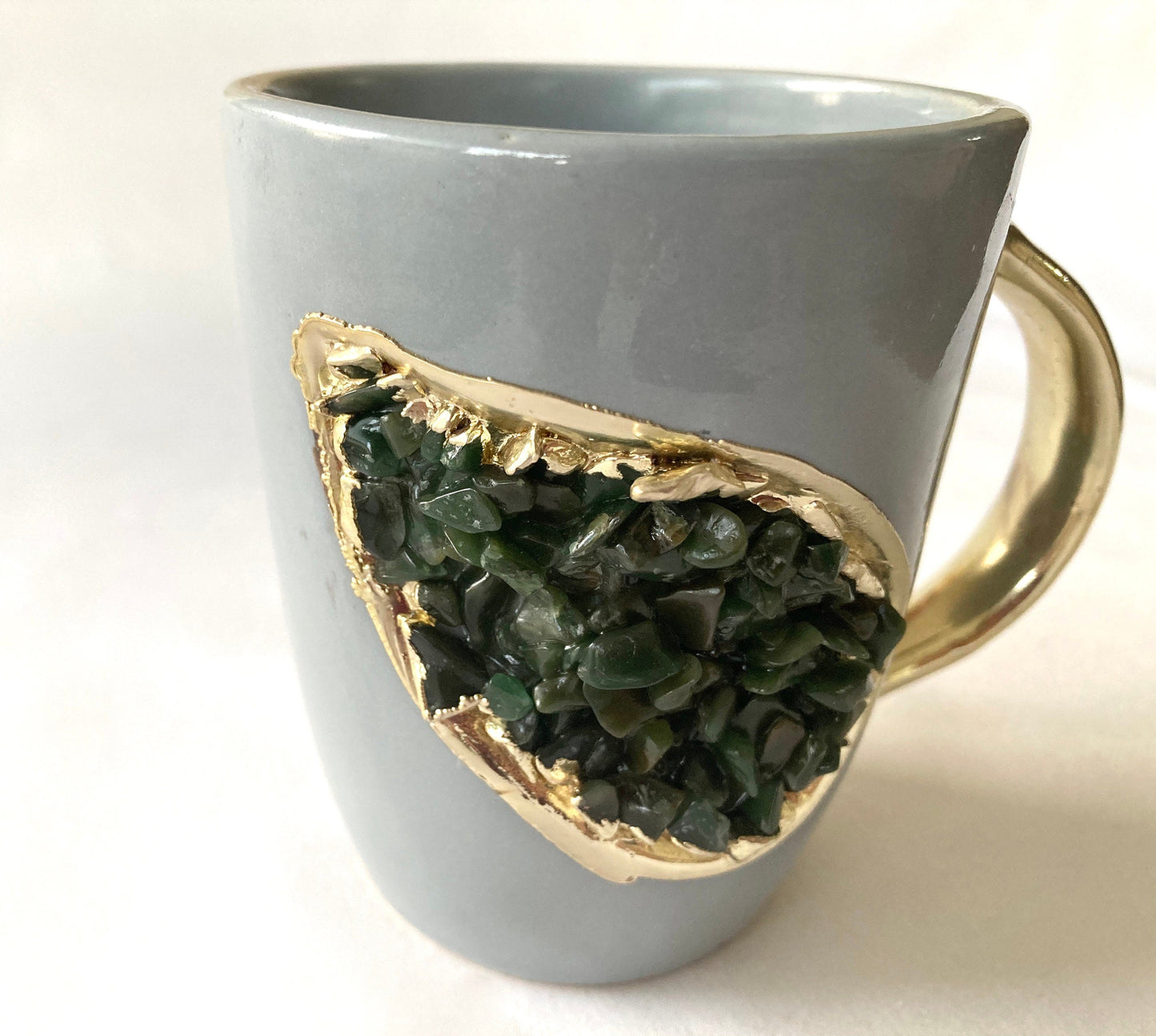 Set of 2 |Personalised Grey and Gold Ceramic Coffee/Tea Mug with Dark Green Semi-precious Agate Crystal Gemstones| 8 Oz