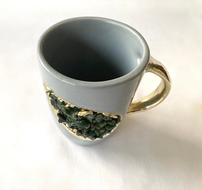 Set of 2 |Personalised Grey and Gold Ceramic Coffee/Tea Mug with Dark Green Semi-precious Agate Crystal Gemstones| 8 Oz