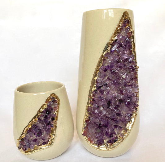 Cream and Gold Ceramic Vase/Planter/Pot/Wine Goblet/Mug with Purple Amethyst Semi-precious Agate Crystal Gemstones