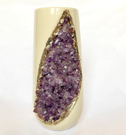 Cream and Gold Ceramic Vase/Planter/Pot/Wine Goblet/Mug with Purple Amethyst Semi-precious Agate Crystal Gemstones