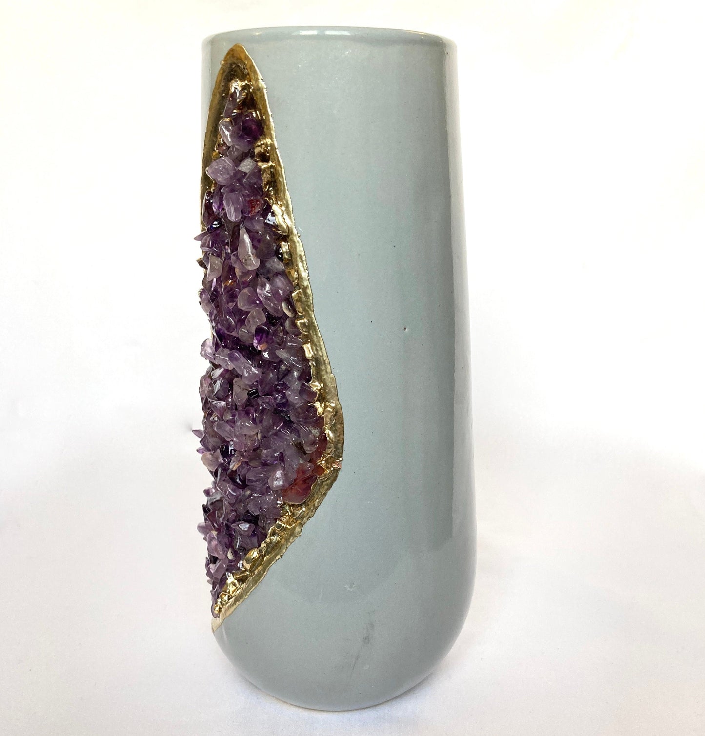 Grey & Gold Ceramic Vase Planter with Amethyst