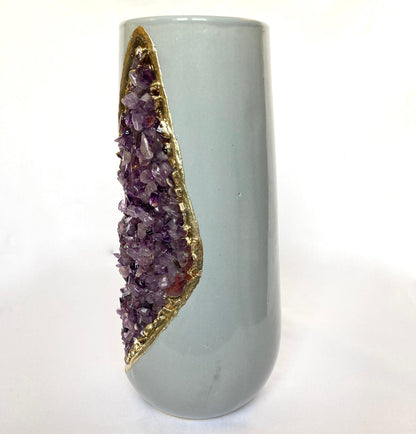 Grey & Gold Ceramic Vase Planter with Amethyst