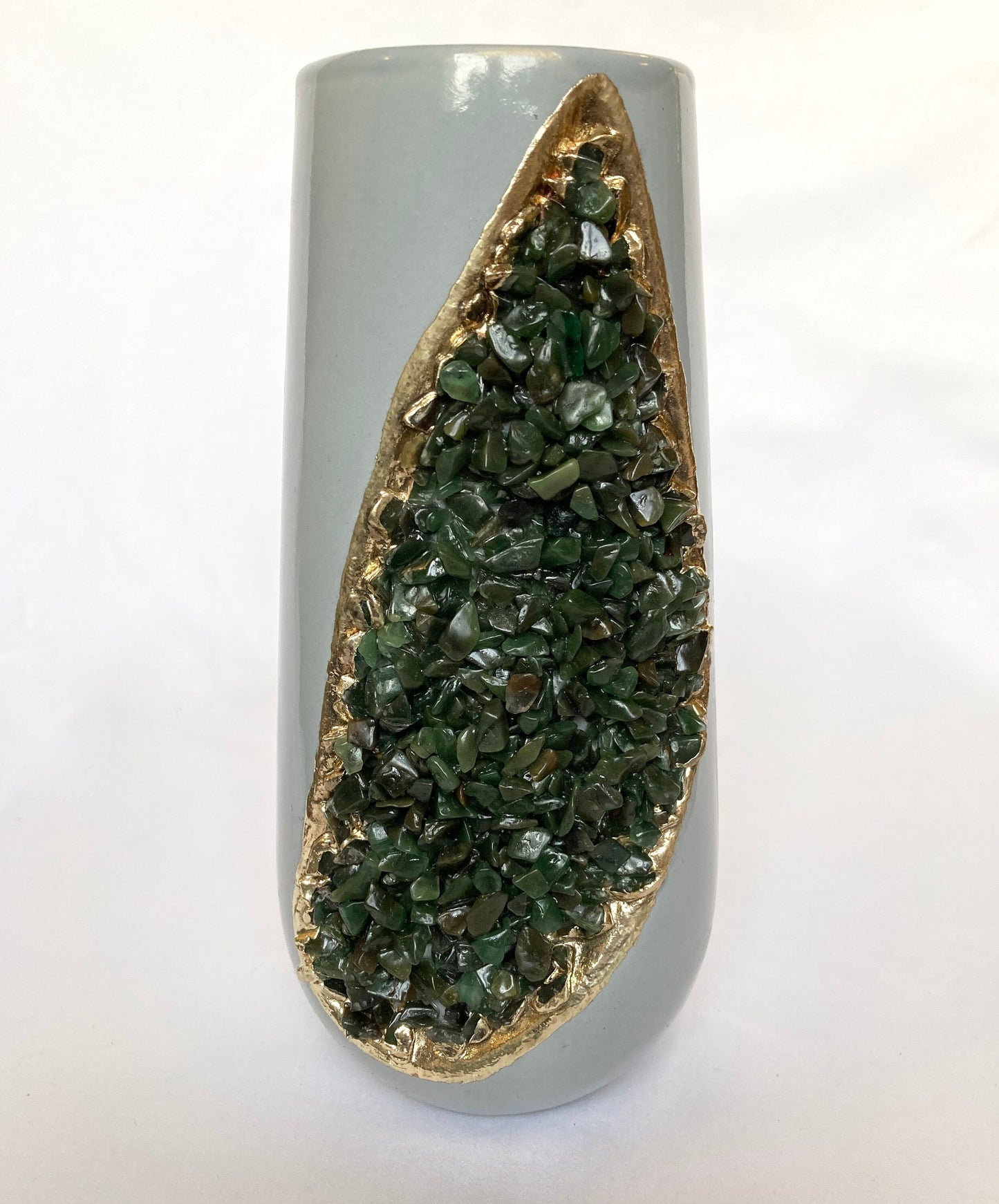 Grey and Gold Ceramic Vase/Planter/Pot/Wine Goblet/Mug with Green Semi-precious Agate Crystal Gemstones