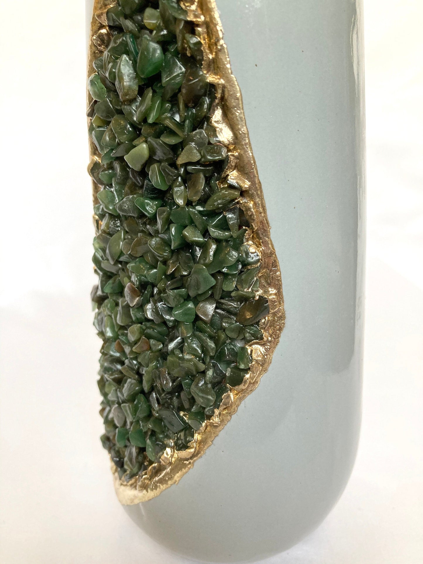 Grey and Gold Ceramic Vase/Planter/Pot/Wine Goblet/Mug with Green Semi-precious Agate Crystal Gemstones