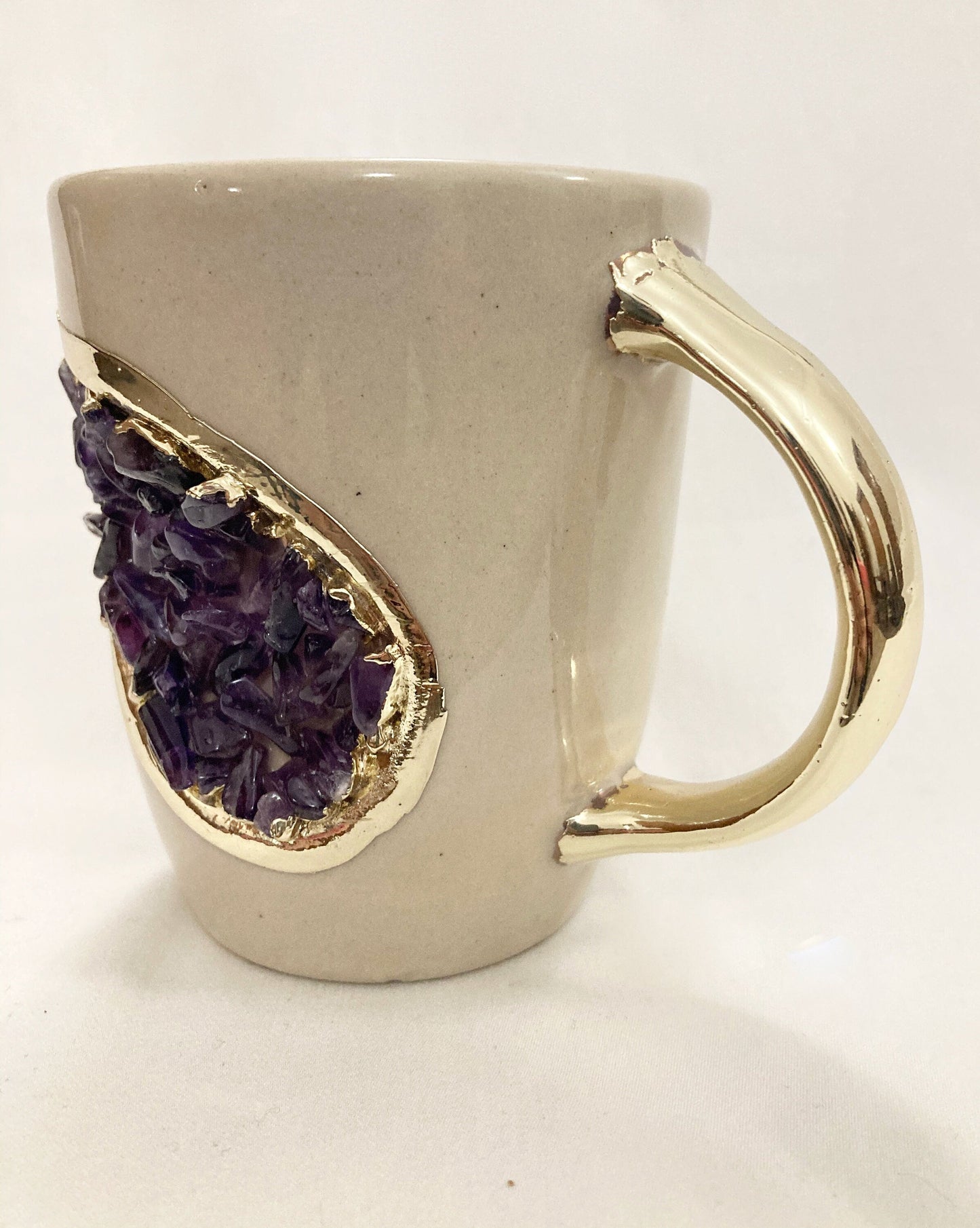 Set of 2 |Personalised Cream and Gold Ceramic Coffee/Tea Mug with Purple Semi-precious Agate Crystal Gemstones | 8 oz