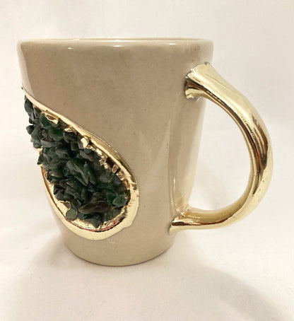 Set of 2 |Personalised Cream and Gold Ceramic Coffee/Tea Mug with Dark Green Semi-precious Agate Crystal Gemstones | 8 oz