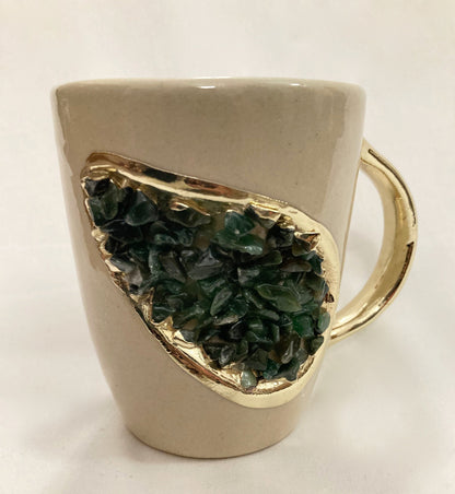 Set of 2 |Personalised Cream and Gold Ceramic Coffee/Tea Mug with Dark Green Semi-precious Agate Crystal Gemstones | 8 oz