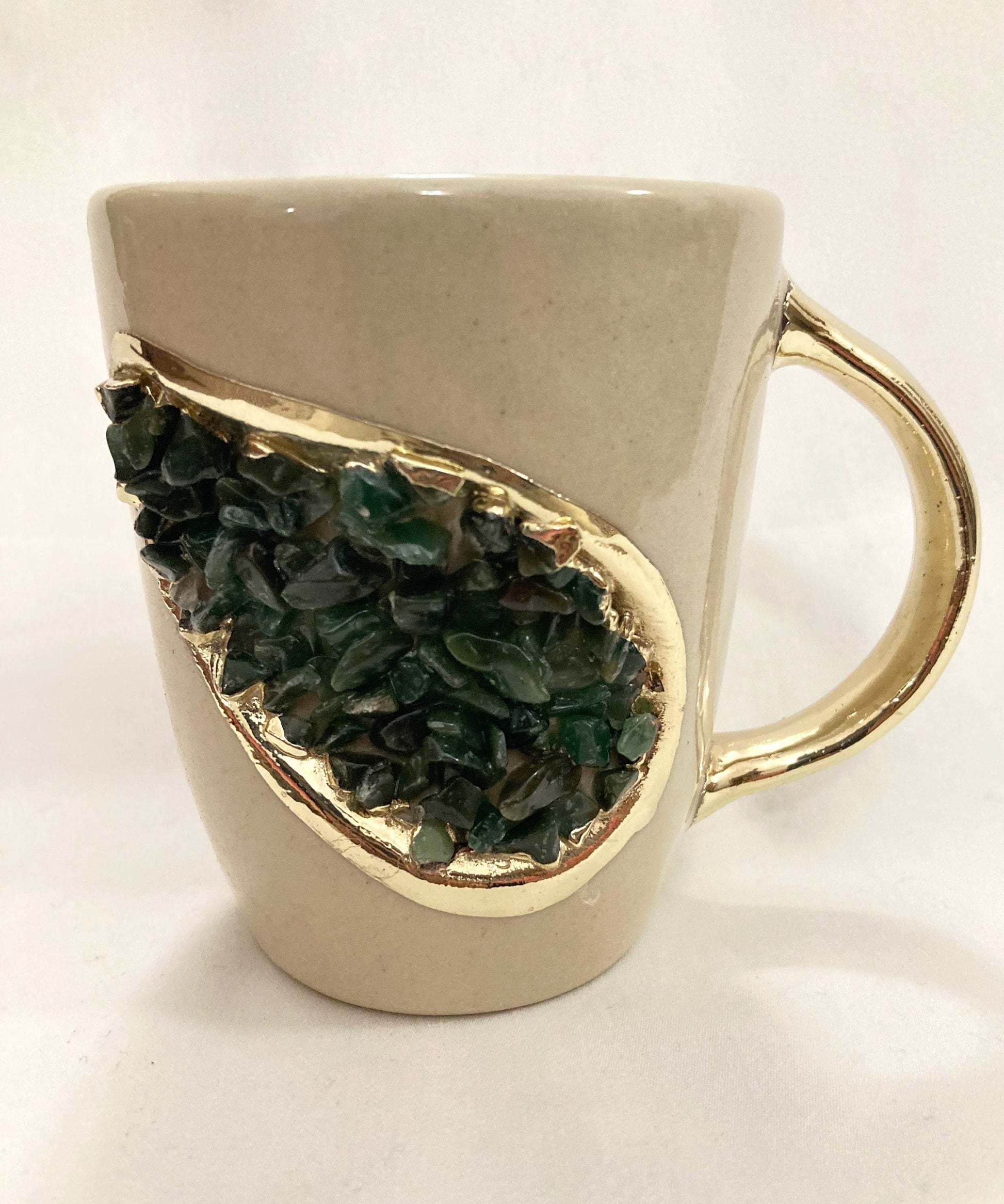 Crystal Gemstone Patch Mug | Cream & Gold | 8oz — Dark Green Agate