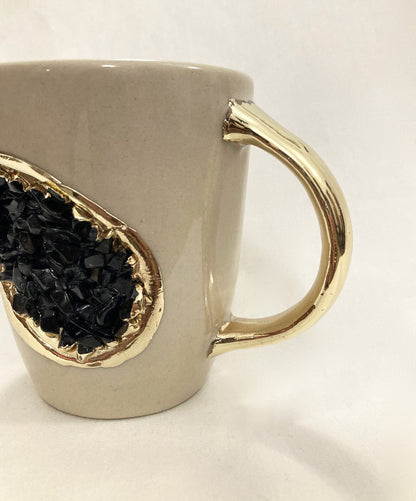 Set of 2 |Personalised Cream and Gold Ceramic Coffee/Tea Mug with Black Semi-precious Agate Crystal | 8 oz