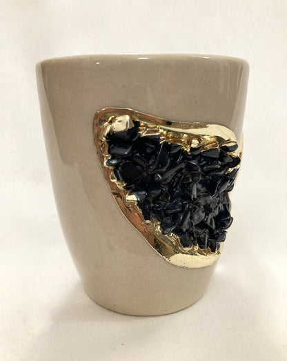 Set of 2 |Personalised Cream and Gold Ceramic Coffee/Tea Mug with Black Semi-precious Agate Crystal | 8 oz