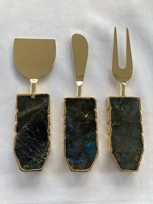 Set of 3 Labradorite Gemstone Agate Cheese Knives/Spreaders
