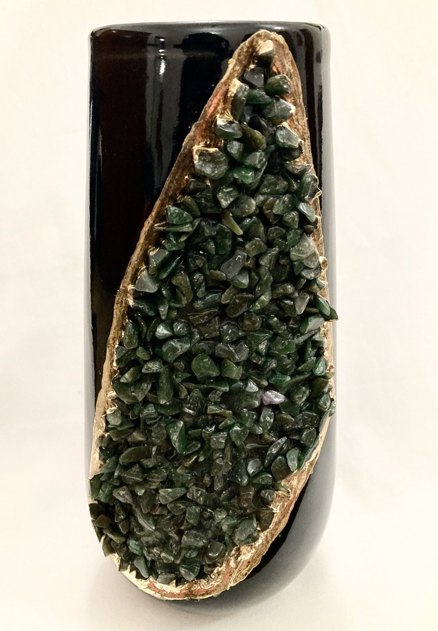 Black and Gold Ceramic Vase/Planter/Pot/Wine Goblet/Mug with Dark Green Semi-precious Agate Crystal Gemstones