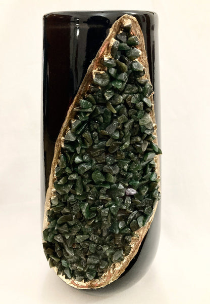 Black and Gold Ceramic Vase/Planter/Pot/Wine Goblet/Mug with Dark Green Semi-precious Agate Crystal Gemstones